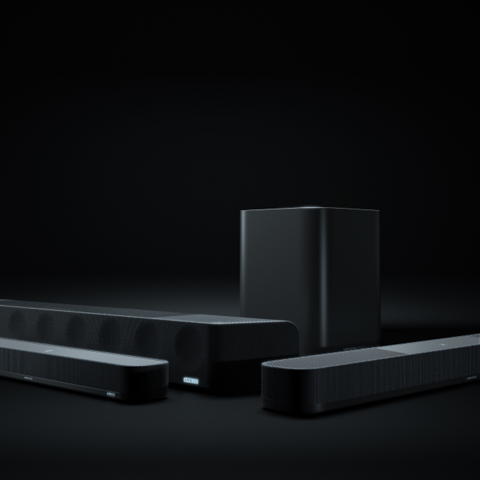 Three Sennheiser AMBEO Soundbars and a Ambeo Sub